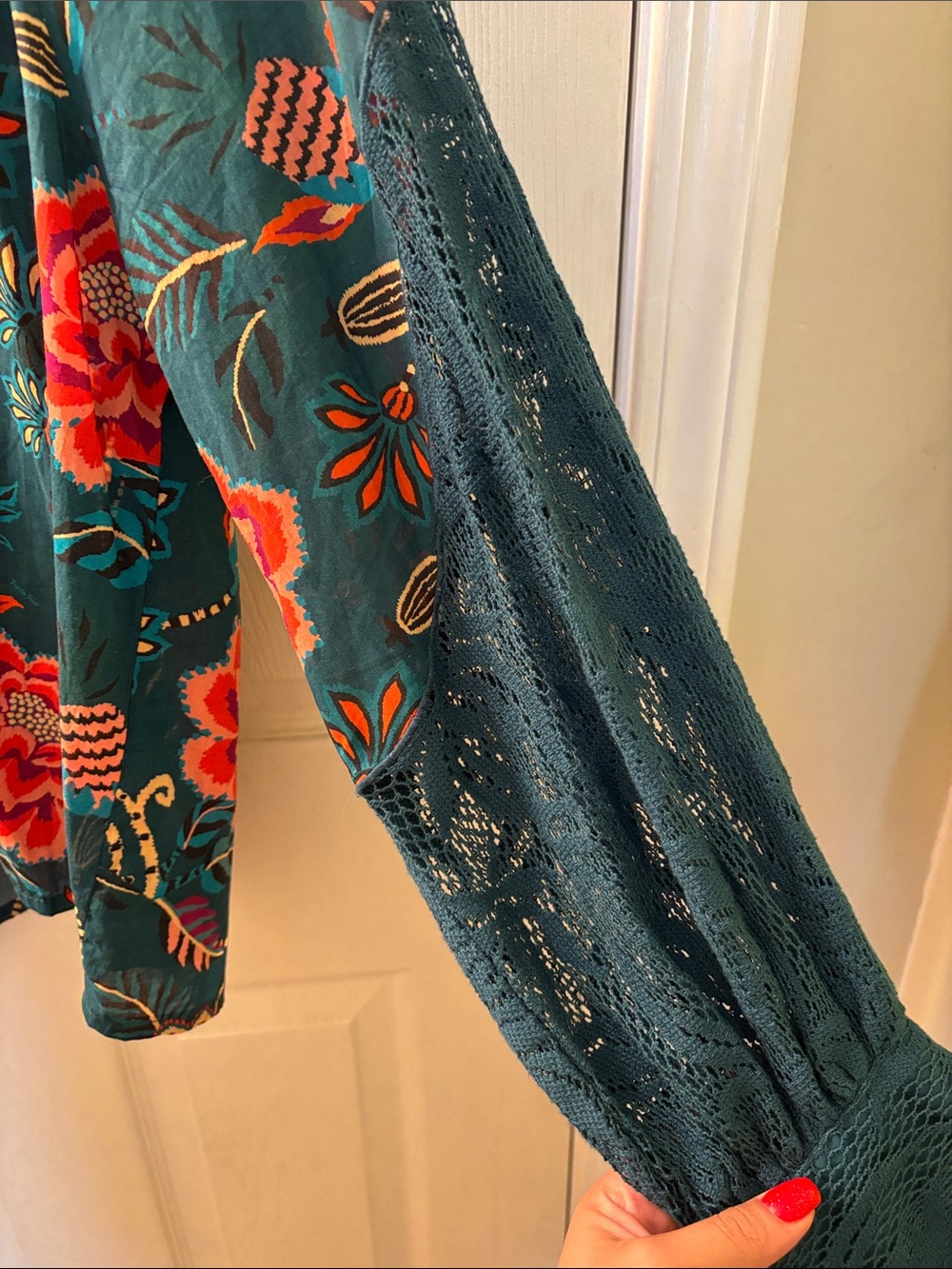 Anthropologie Teal Floral Button-Front Blouse with Coral and Gold Accents - Picture 3 of 3